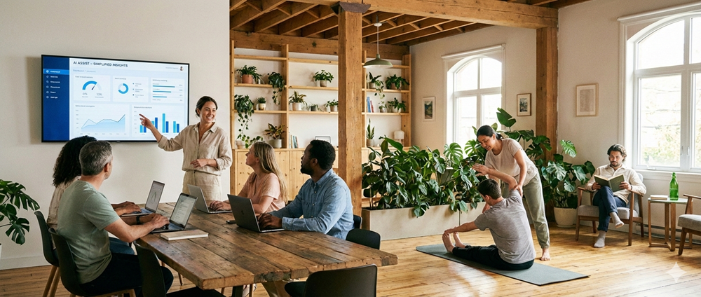 Nowoczesne biuro z elementami natury - symbol synergii technologii i zdrowia